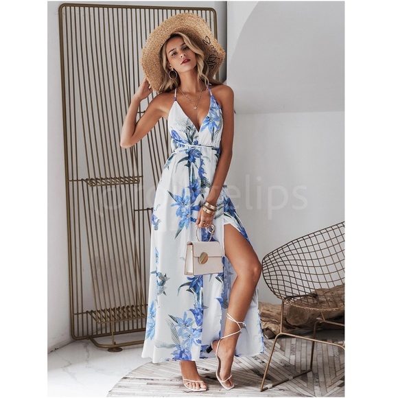 Deep V Backless Strappy White Floral Maxi Dress - Picture 6 of 7